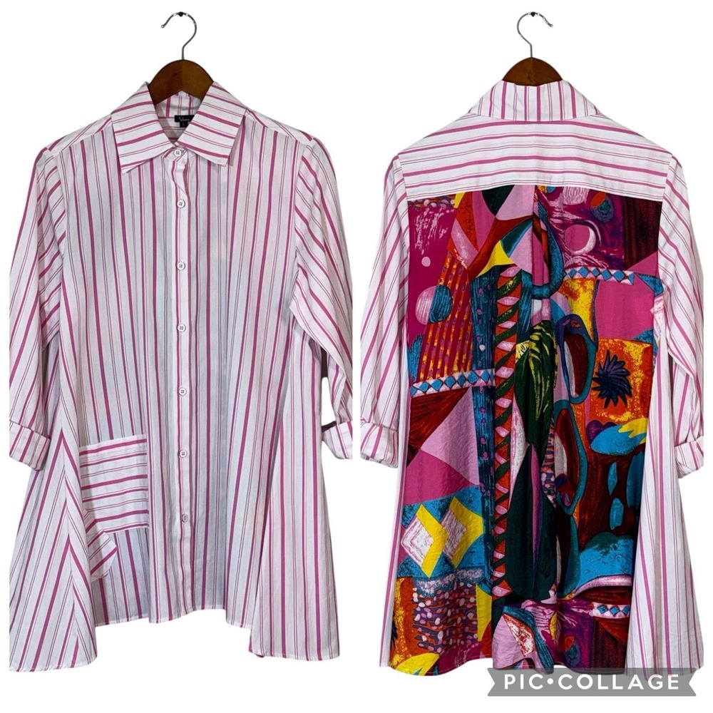 Shana Striped Front Floral Back Multicolor Tunic Button Up Shirt Pocket Sz LG
